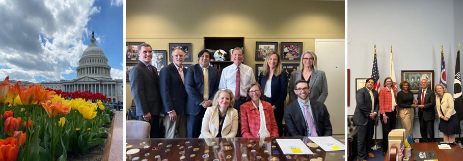 Three photos including a picture of the capitol with tulips blooming in the foreground and two group photos in Congressional offices.